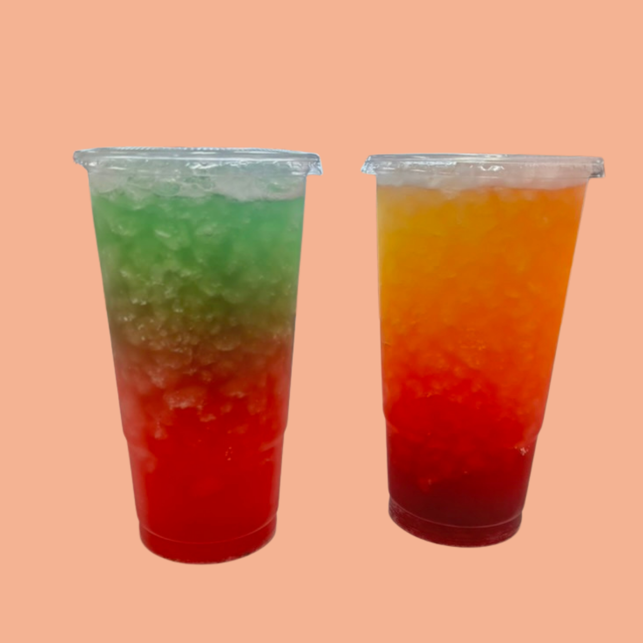 Layered fruit refresher drinks in clear cups with vibrant colors